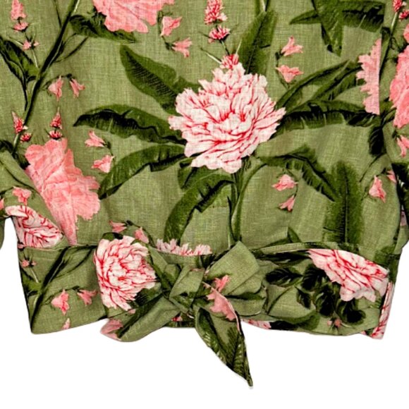 Agua Bendita Peony Print Linen-Blend Tie Wrap Crop Top Green Pink M Floral Wrap - Picture 7 of 10